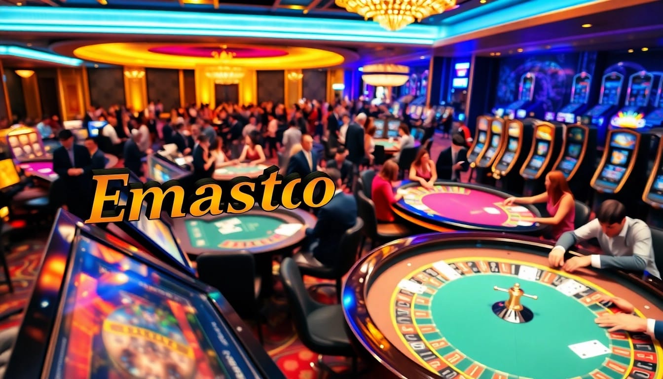 Exciting Emastoto casino scene with players at poker tables and vibrant slot machines.