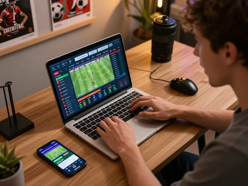 Engaging moment of sports betting on https://11win.nl/ with vibrant laptop interface and enthusiastic bettor.