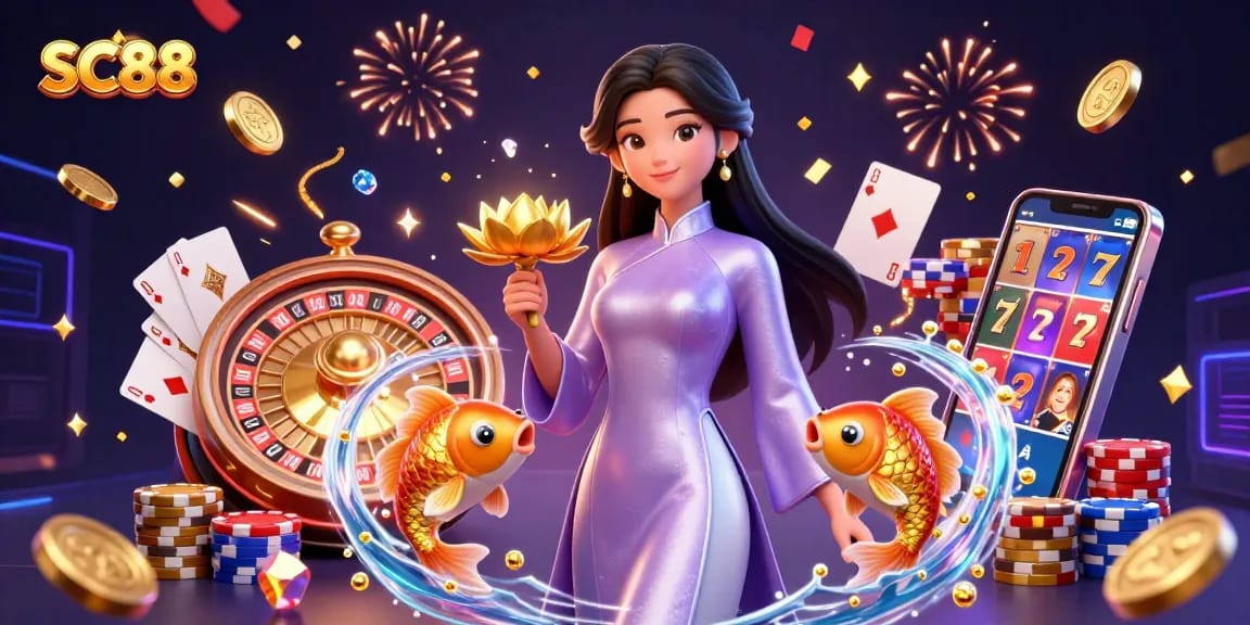 Experience SC88's vibrant casino scene with spinning roulette, winning hands, and golden koi.