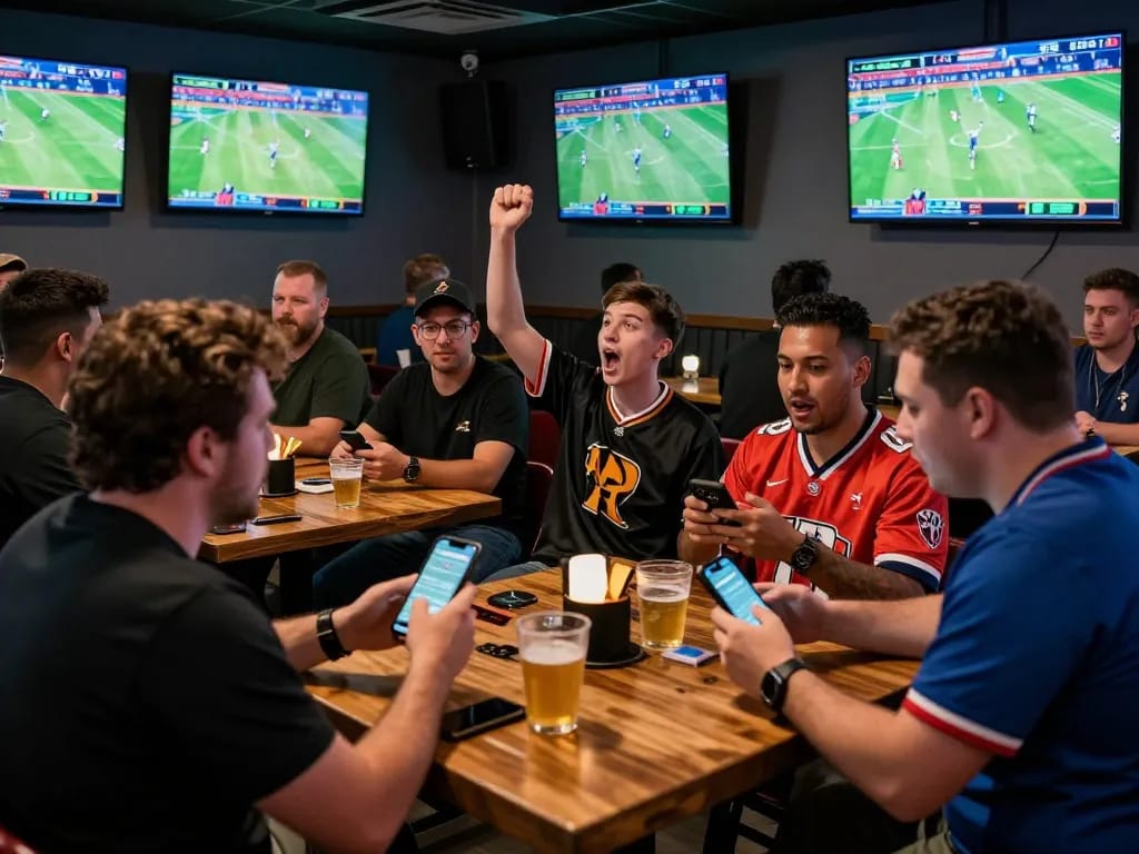 Fans engaging in sports betting excitement at a lively venue with nowgoal scores displayed on screens.