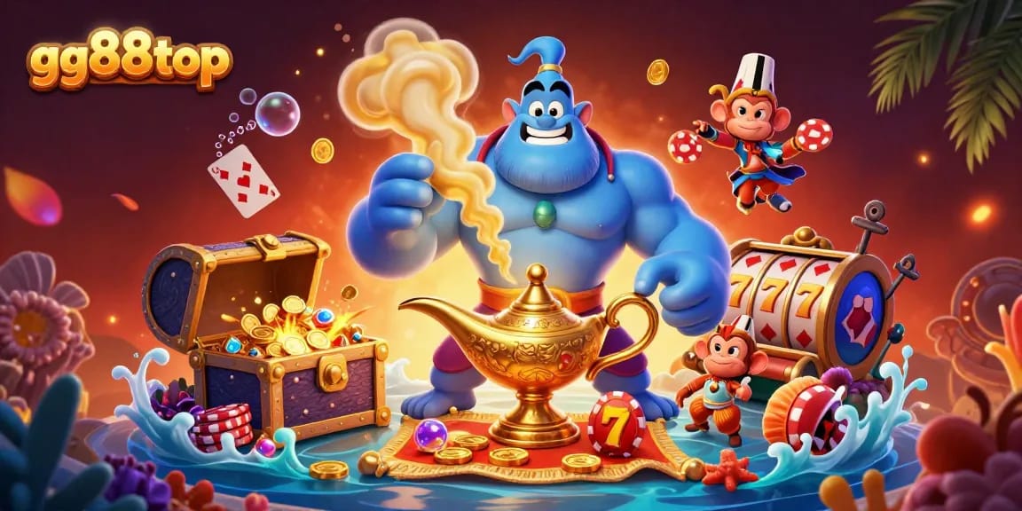 Experience thrilling gaming at gg88top with a lush 3D casino scene featuring vibrant characters and dynamic game elements.