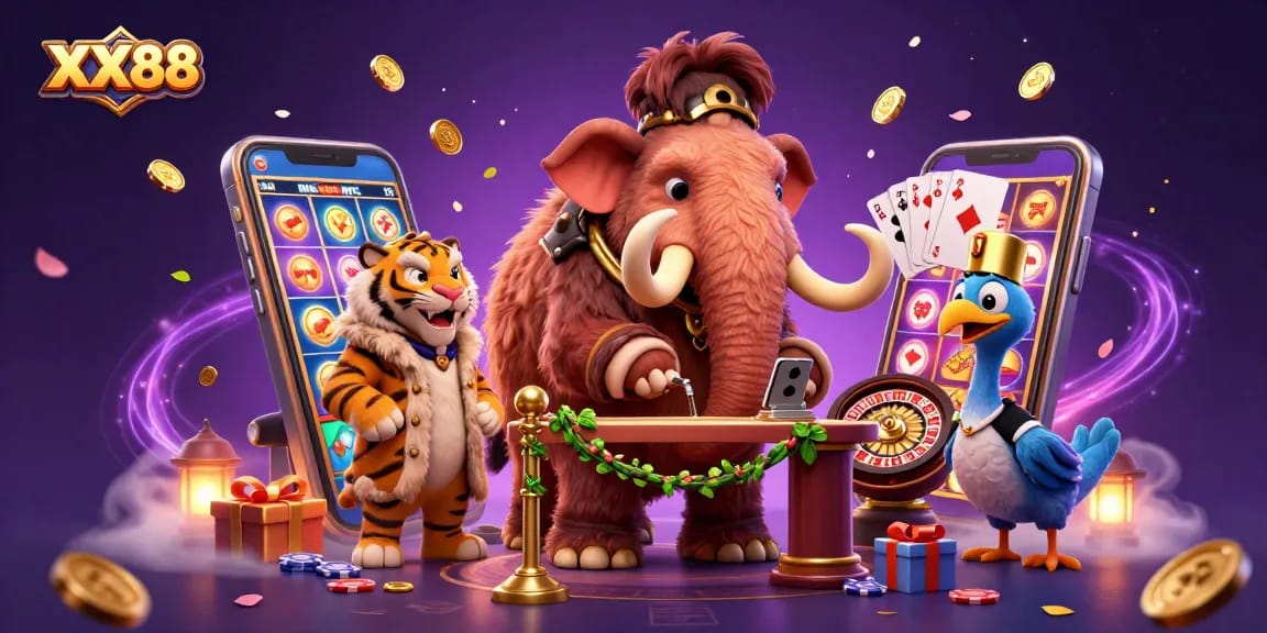 Engage with slots at XX88 featuring a woolly mammoth bouncer and vibrant game elements.