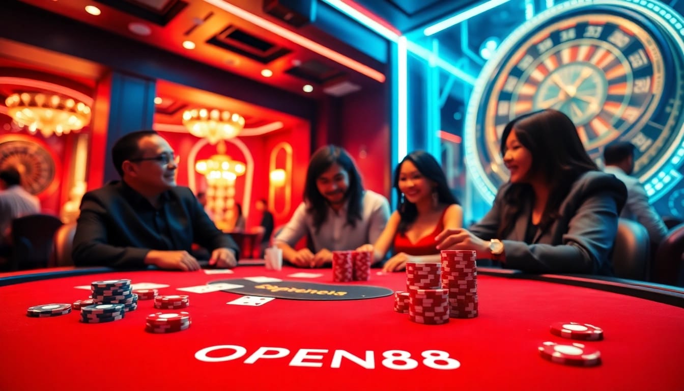 Engage in high-stakes poker at OPEN88 with vibrant chips and cards on an elegant casino table.