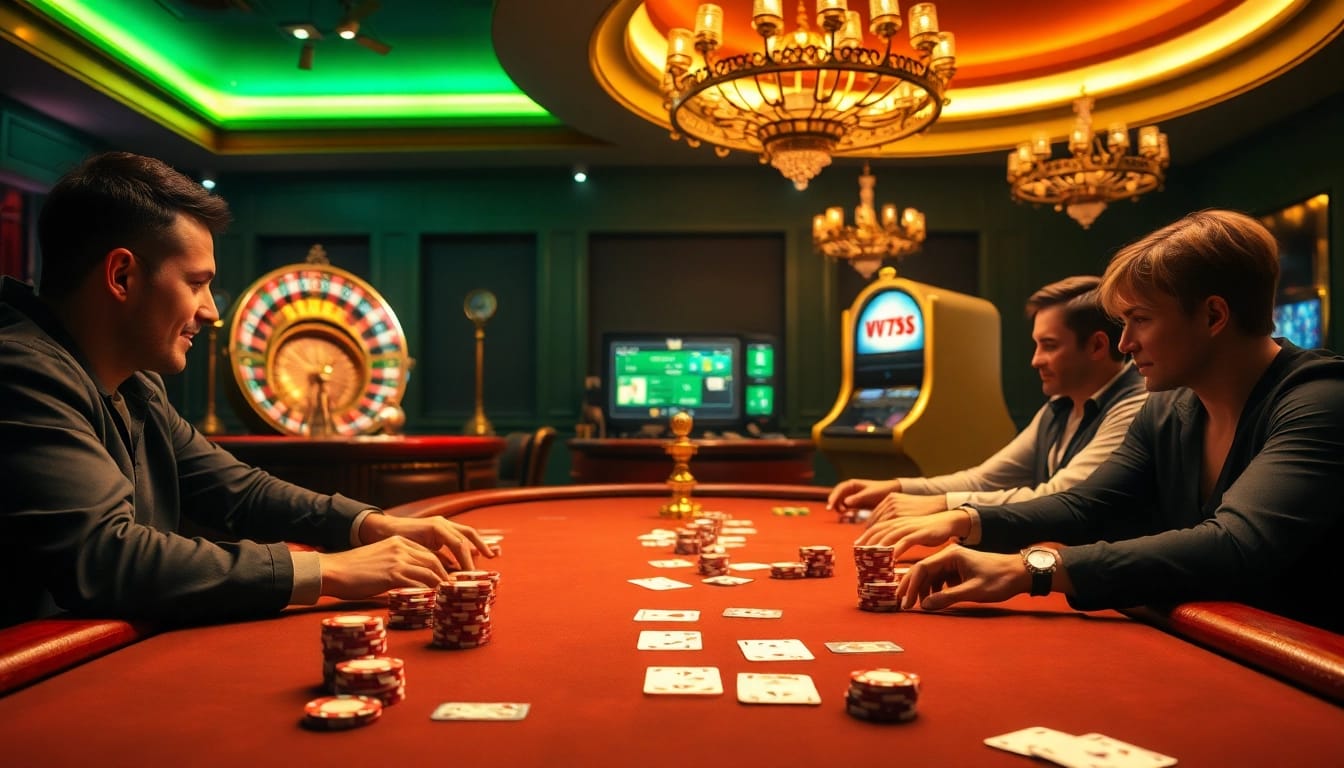 V7SB casino scene capturing excitement at a poker table with chips and cards.