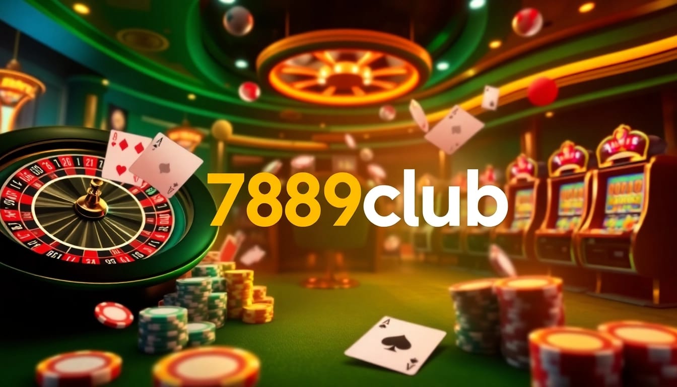 Exciting gaming scene with 789club logo, roulette wheel, and poker chips in a vibrant casino atmosphere.