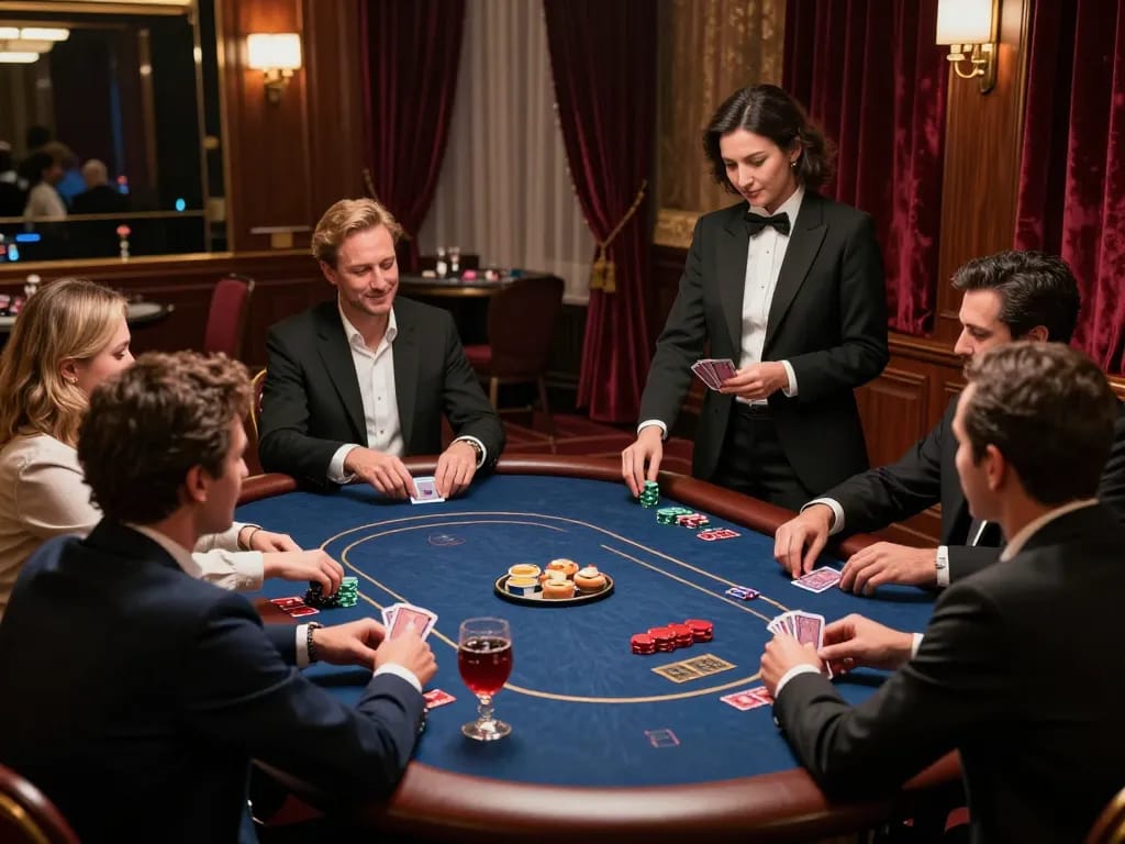 MMOO players strategizing at an exclusive poker table in a high-end casino environment