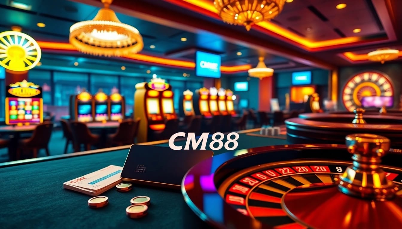 Experience thrilling online gaming with CM 88 amidst luxurious casino visuals.