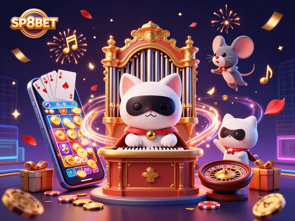 Engage with SP8BET's vibrant casino adventure featuring a phantom cat and acrobatic mouse.