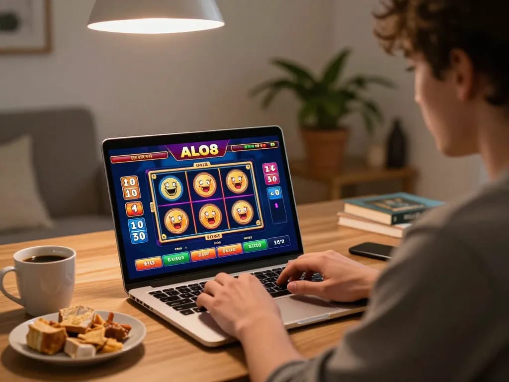 Player enjoying an engaging gaming session on ALO8 online casino platform at home.