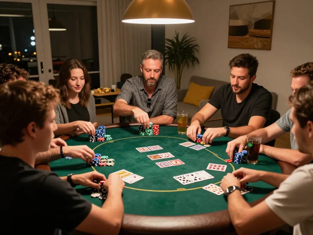 Players enjoy Texas Hold'em during a TR88 home poker night filled with excitement and strategic gameplay.