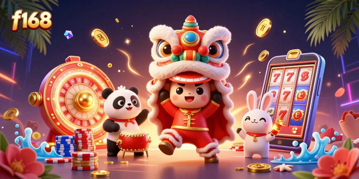 Engage in thrilling slots at f168 with vibrant lion dance characters and a vivid casino scene.
