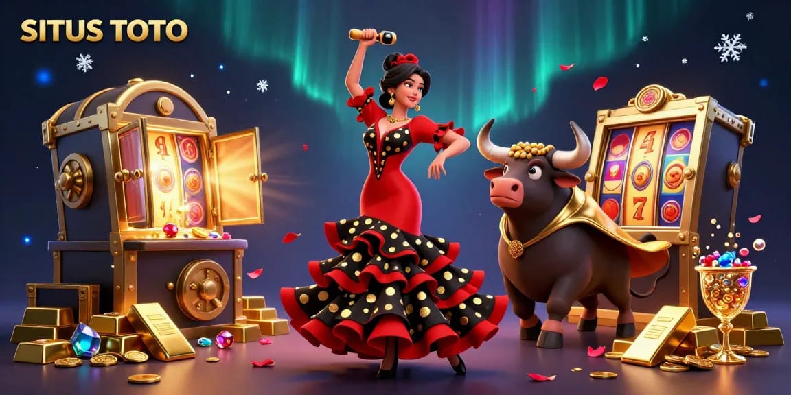 SITUS TOTO illustrates a dynamic casino scene with 3D characters and rich gaming elements, highlighting excitement and winning opportunities.