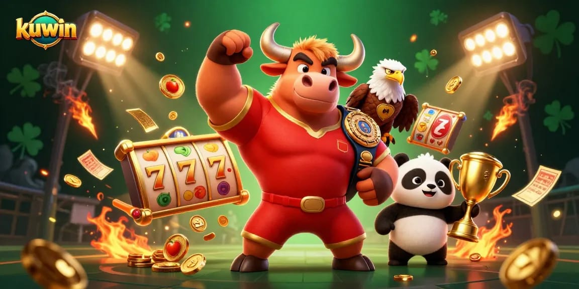 Kuwin's vibrant casino scene features a victorious bull mascot, championship eagle, and trophy panda amid dynamic slot reels.