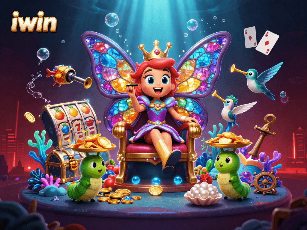 Spin to win with iwin featuring a magical casino scene with a butterfly queen and treasure!