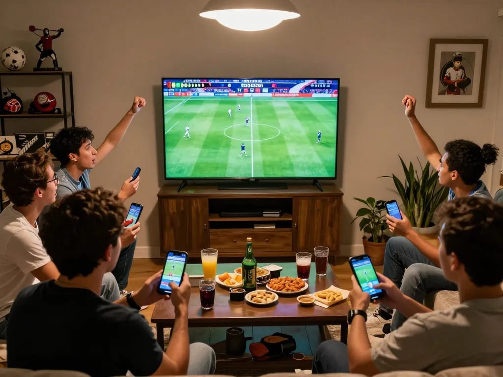 Engaged friends placing bets using smartphones while watching kết quả bóng đá in a warm, lively home setting.