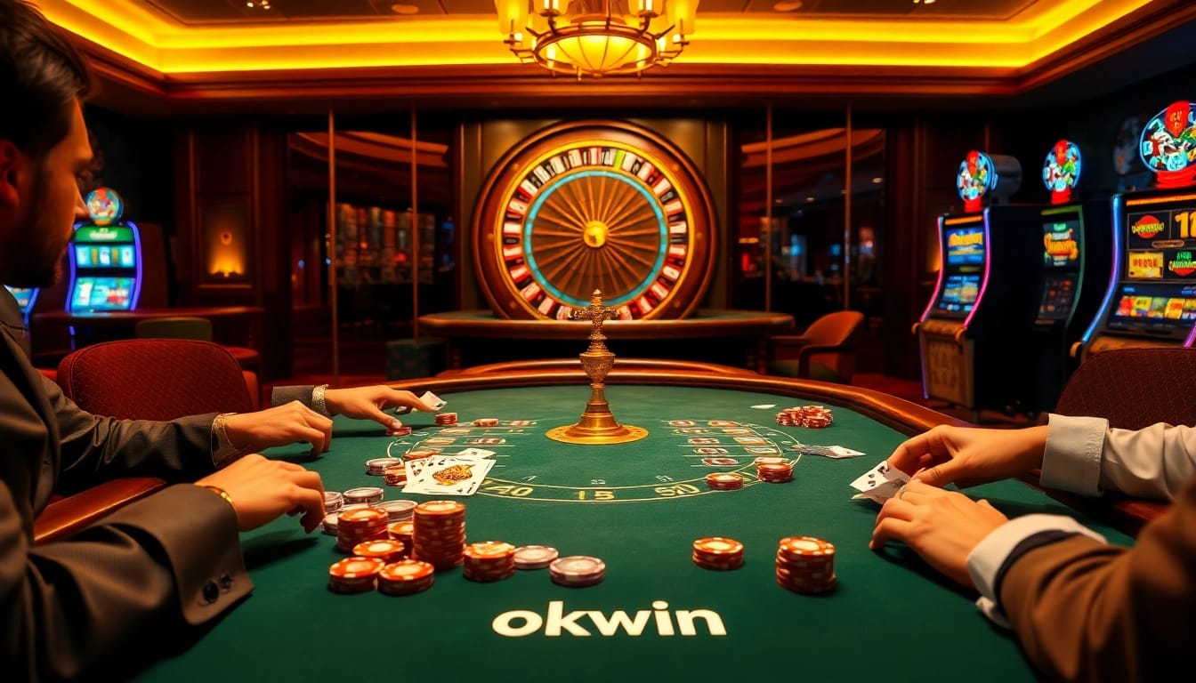 Exciting gameplay at an okwin casino table in a luxurious setting with vibrant colors.