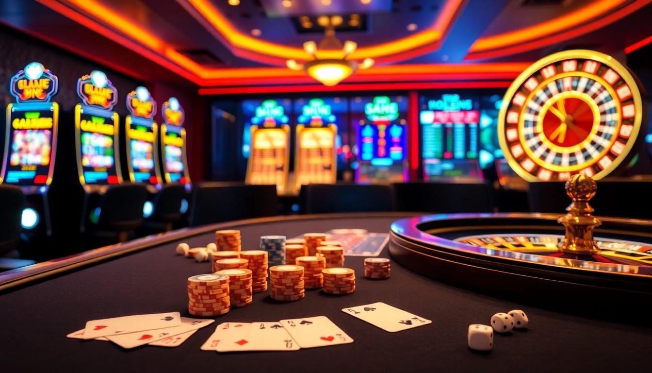 Engaging casino scene from https://sky88j.design/ with poker chips, cards, and roulette wheel.