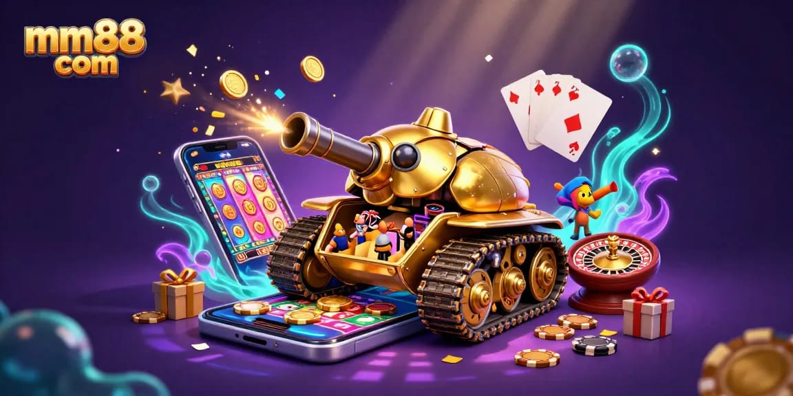 Play exciting games at mm88 com with a vibrant 3D casino tank illustration filled with action and color