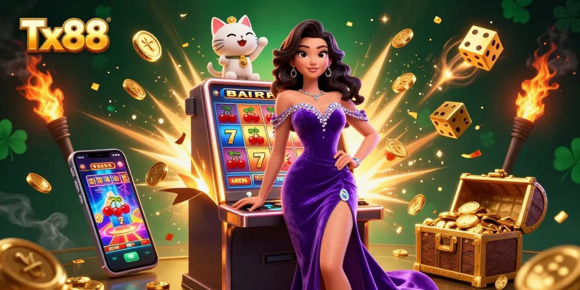 Experience thrilling jackpot wins with Tx88's vibrant casino scene featuring a glamorous woman and playful fortune cat.