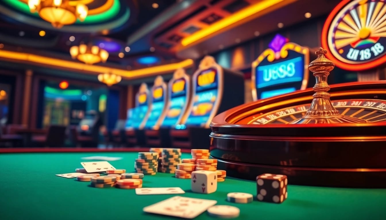 Experience thrilling gameplay with U888 at an upscale casino featuring roulette wheels and slot machines.