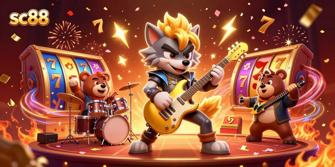 Experience thrilling wins with sc88, featuring vibrant 3D illustrations of a rock star wolf and drummer bear on a casino stage.