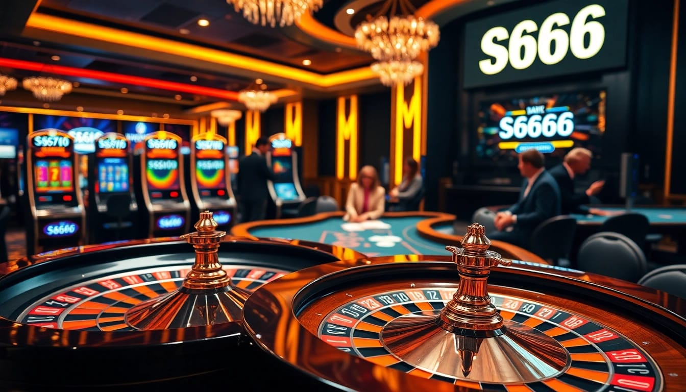 S666 promo at an elegant casino table with excited players and luxurious decor.