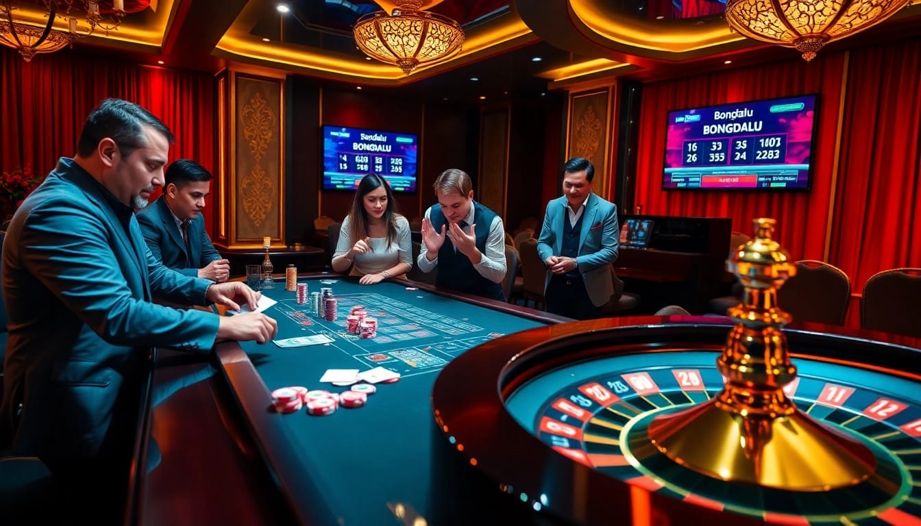 Bongdalu themed casino scene with players at a poker table and a roulette wheel.