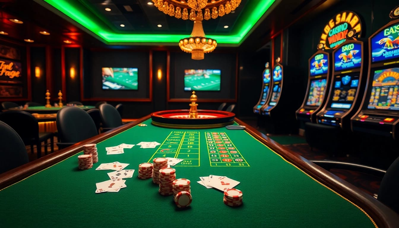 Experience the thrill of sv388 with vibrant poker chips and a lively roulette wheel in an elegant casino setting.