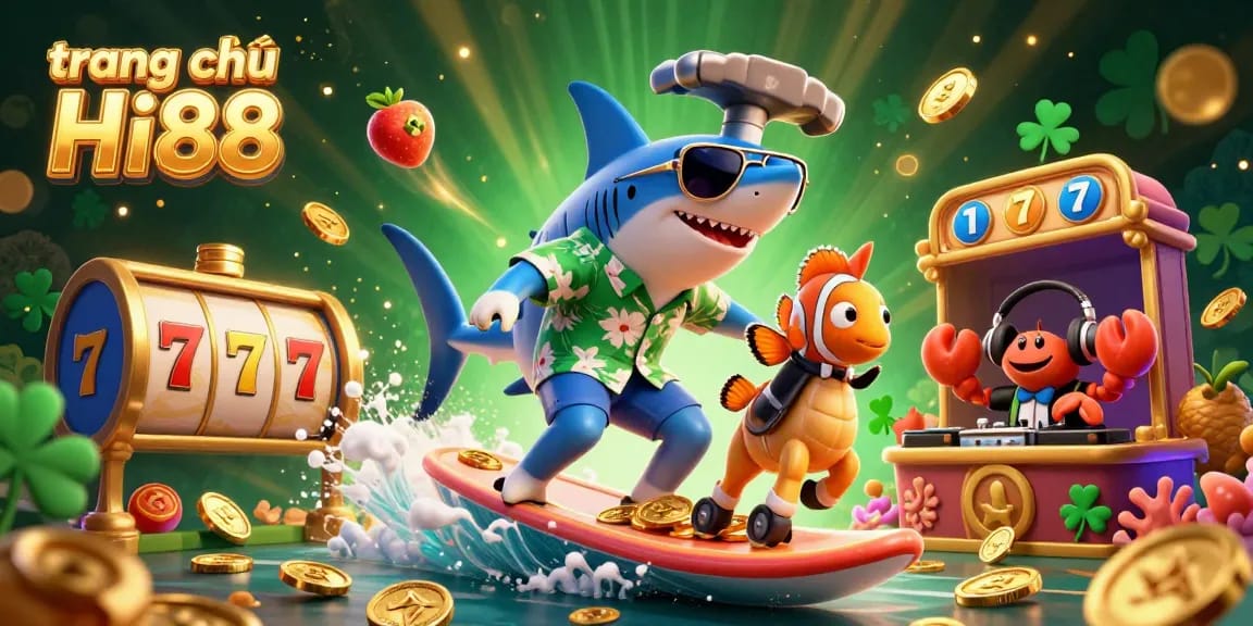 Experience winning excitement at trang chủ Hi88 with vibrant casino-themed illustration featuring playful characters and slot elements.