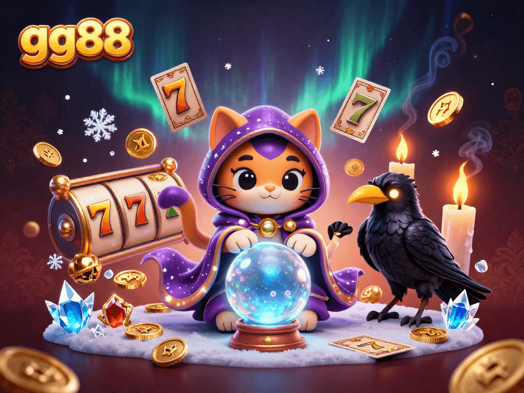 Engage in thrilling jackpot excitement with gg88's vibrant casino scene featuring animated fortune teller cat and glowing game elements.