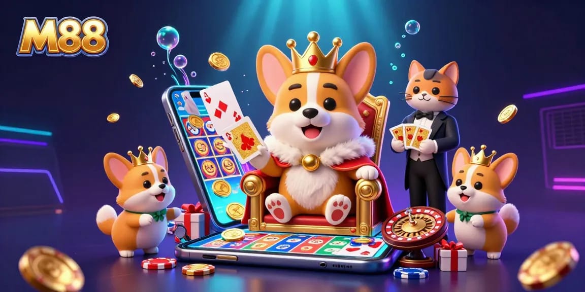 M88 theme illustration showing a royal corgi with poker chips and a smartphone displaying colorful slot games.