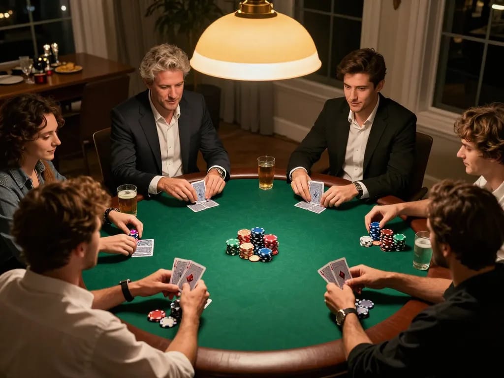 Players enjoying a home poker night at fb88 with chips and cards on the table.