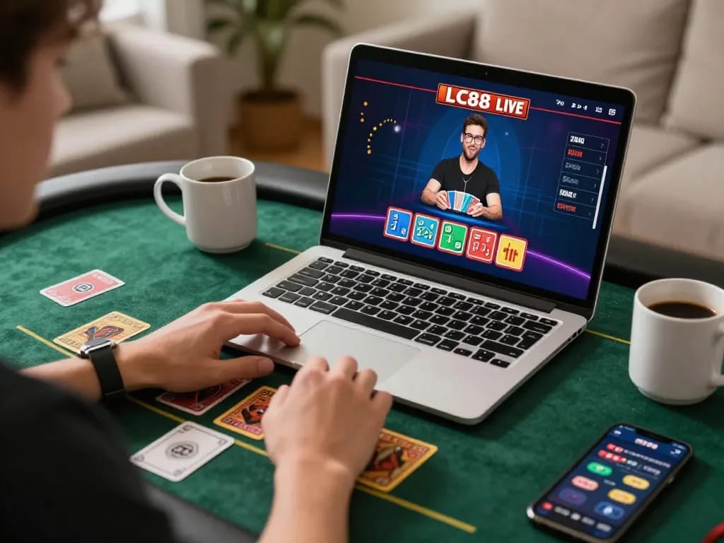 Engaged player enjoying LC88 online gameplay from home with live dealer interaction.