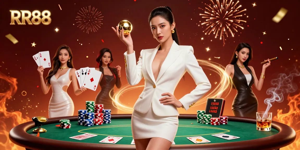 Experience the thrill at RR88 with a confident woman holding a golden roulette ball in a vibrant casino.