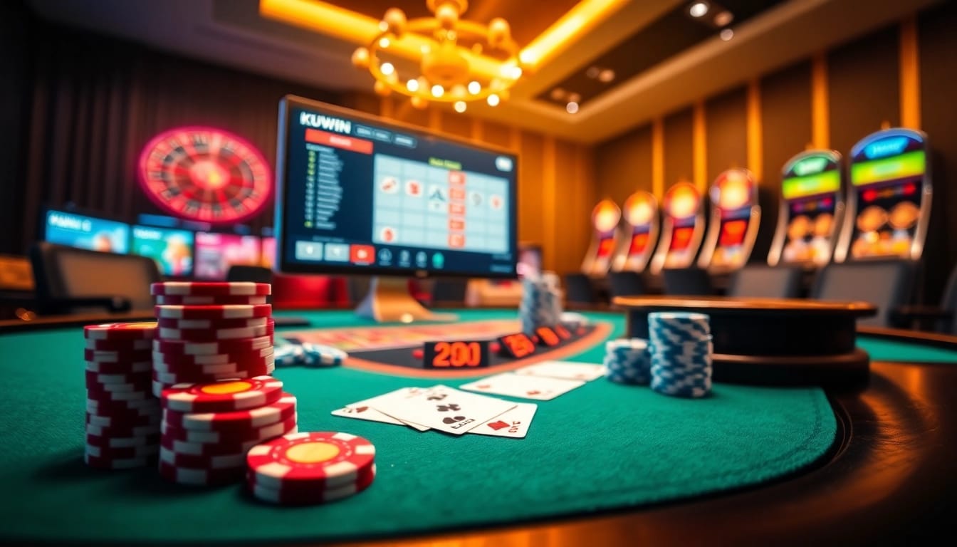 Kuwin showcases a lively casino atmosphere with luxurious poker chips and vibrant playing cards.