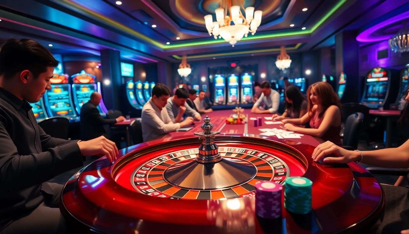 Kèo Nhà Cái displayed in an exciting casino scene featuring roulette, poker chips, and vibrant gambling activity.