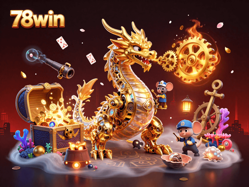 Experience thrilling action with 78win as a golden dragon unleashes cogs of fortune in a vibrant casino scene.