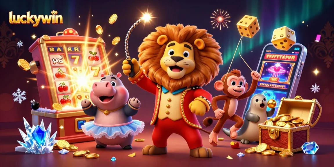 Win with luckywin at this vibrant 3D casino scene featuring animals playing games and jackpot excitement.