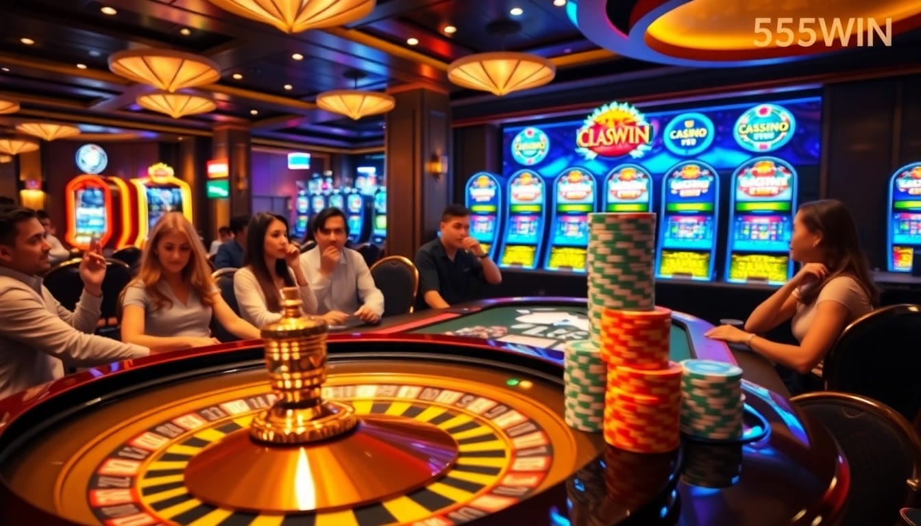 Excited players placing bets at 555WIN, showcasing a luxurious casino atmosphere.
