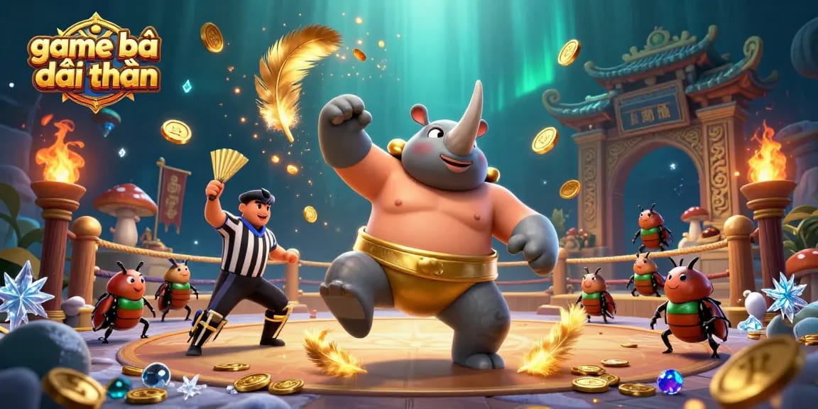 Experience the excitement of game bài đổi thưởng in a vibrant 3D illustration with beetle champions and golden coins.