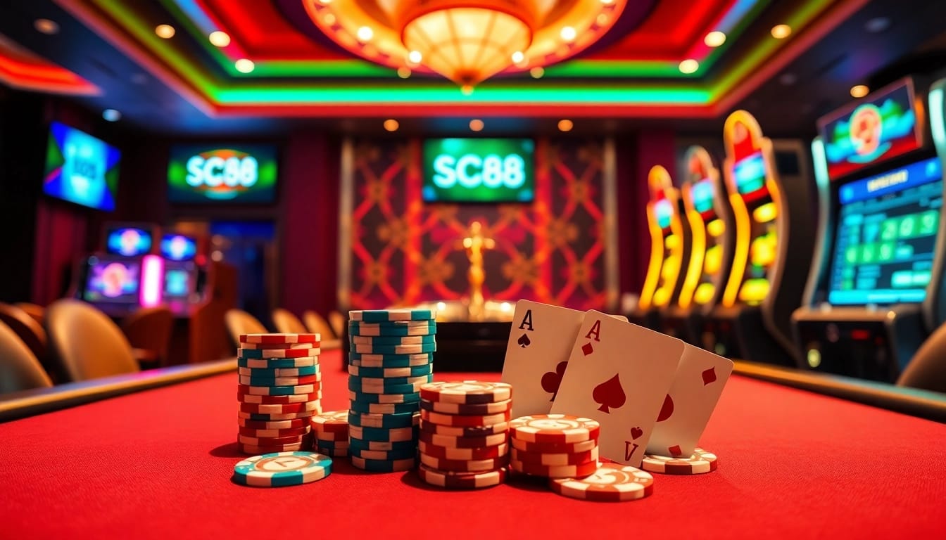 Engaging gaming experience highlighting Nền tảng SC88 with casino elements like roulette tables and poker chips.