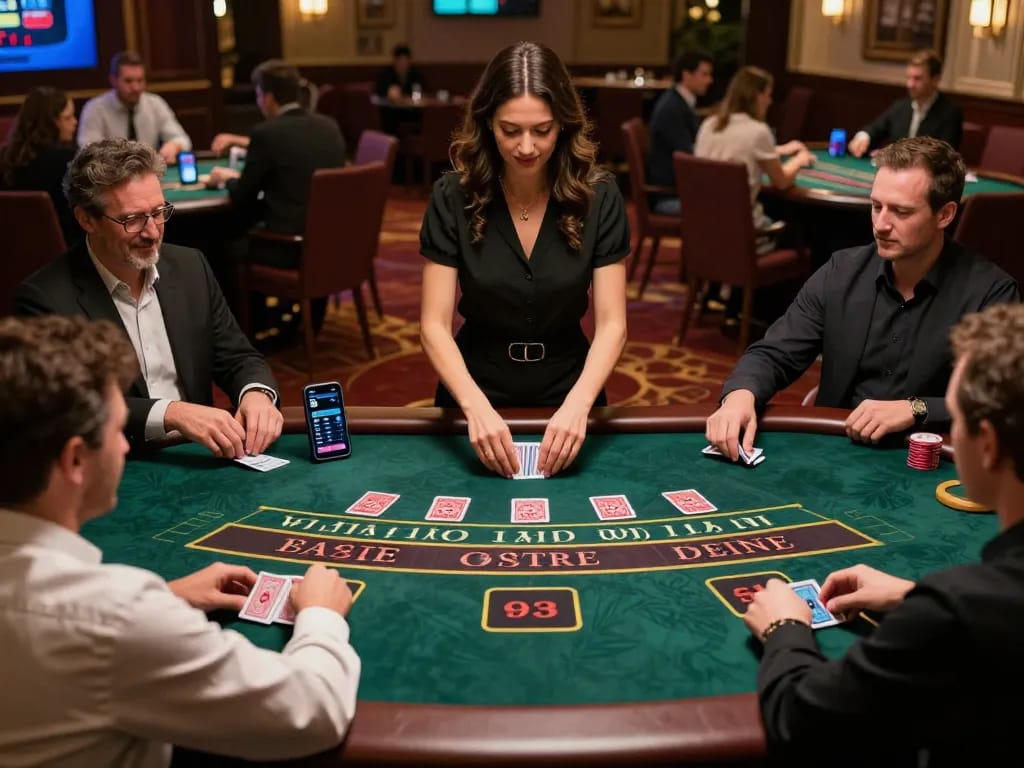3win players placing bets at a live dealer blackjack table in a luxurious casino setting.