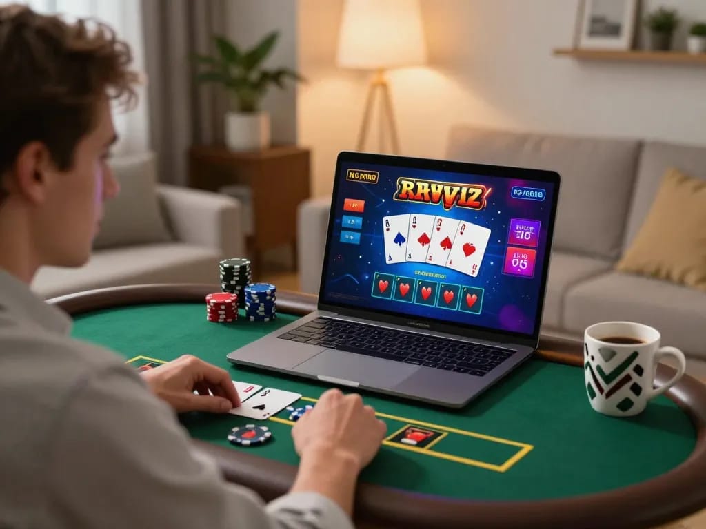 Player engrossed in LV88 live dealer blackjack game on laptop in cozy home setting.