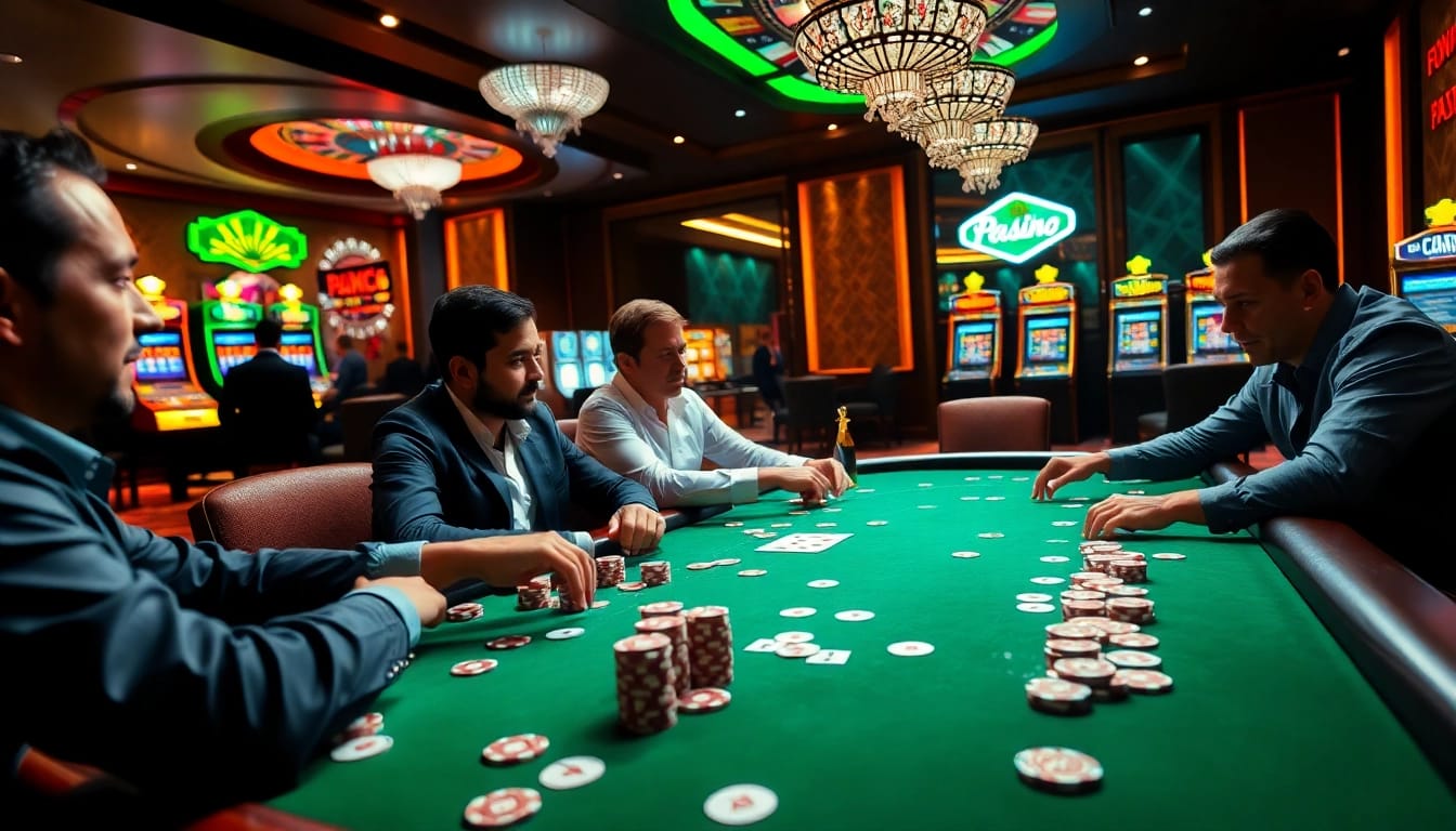 Experience the thrill of gaming at XX88's bustling casino, featuring intense poker action and vibrant slot machines.