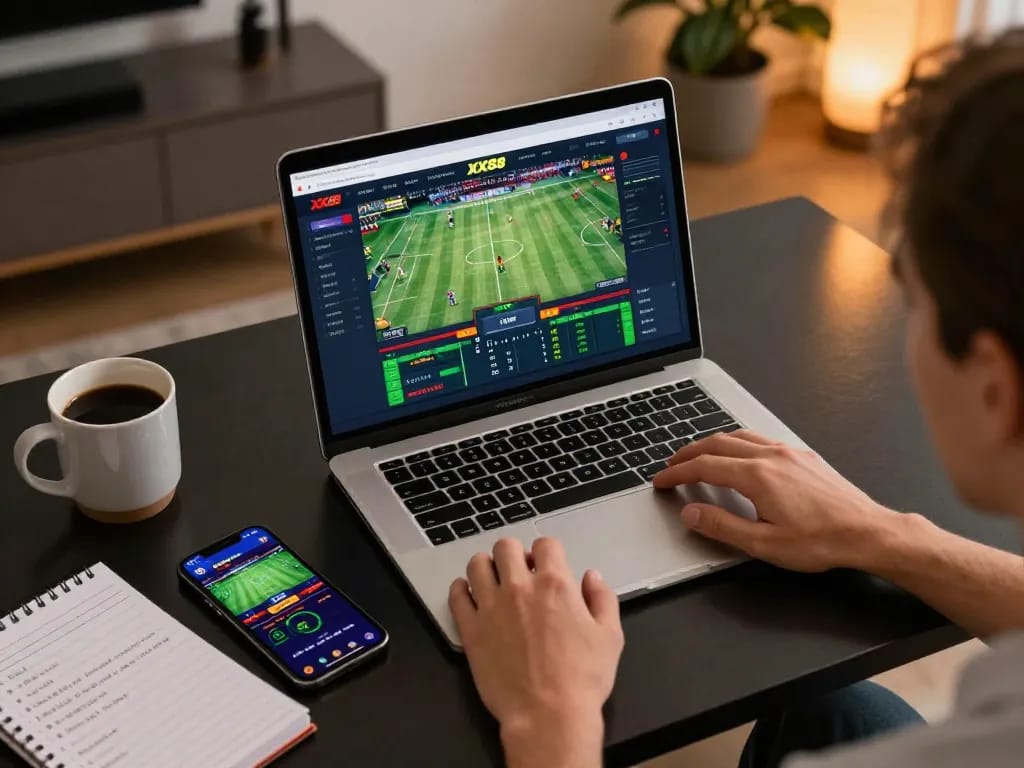 Engaging in sports betting on XX88 with a sleek laptop and smartphone, showcasing an online gambling lifestyle