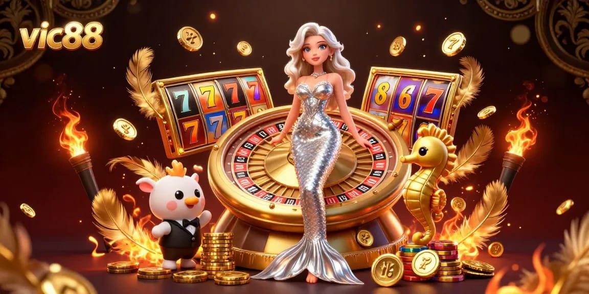 Experience thrilling gameplay with vic88, featuring vibrant casino elements like golden roulette and slot reels.