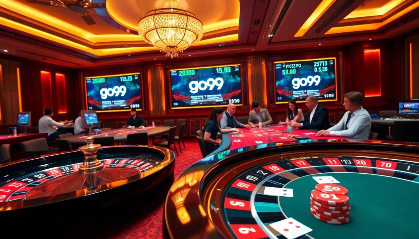 Experience exhilarating gaming at go99, featuring an elegant poker table and roulette wheel.