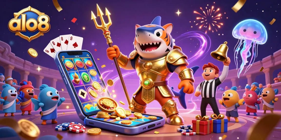 Experience the excitement at alo8 with our dynamic underwater casino scene featuring a shark and vibrant game elements.