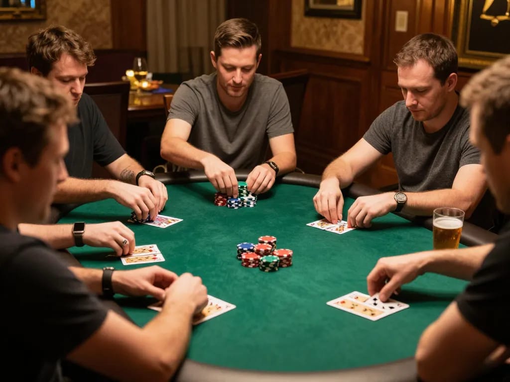 MM88 players strategizing over poker chips in a warm home setting.