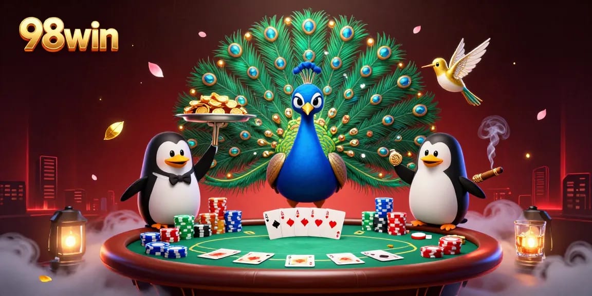 Engage with the vibrant 98win casino scene featuring a majestic peacock, golden chips, and poker elements.